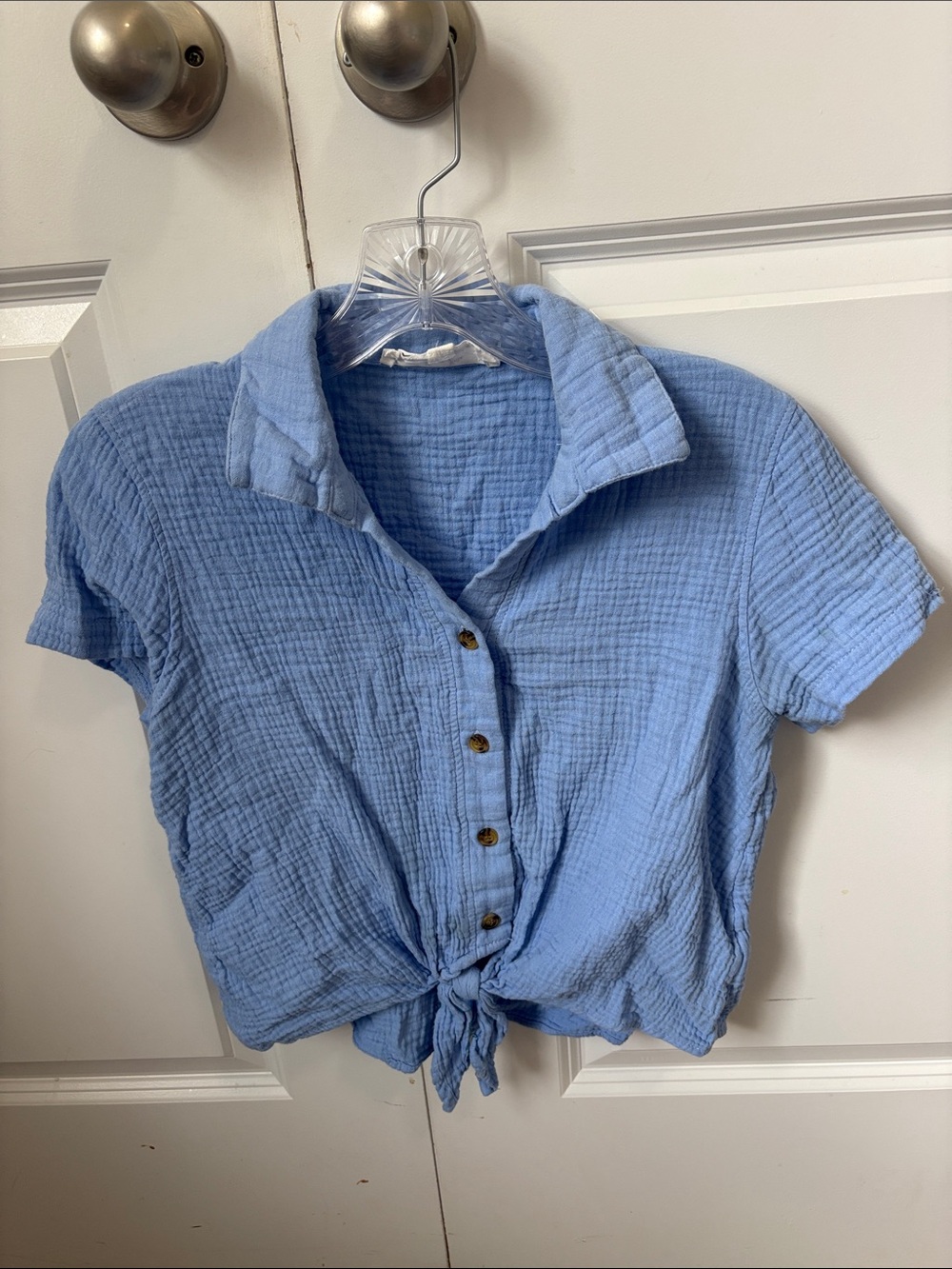 Hippie Rose Light Blue Gauze Tie-Front Button Shirt